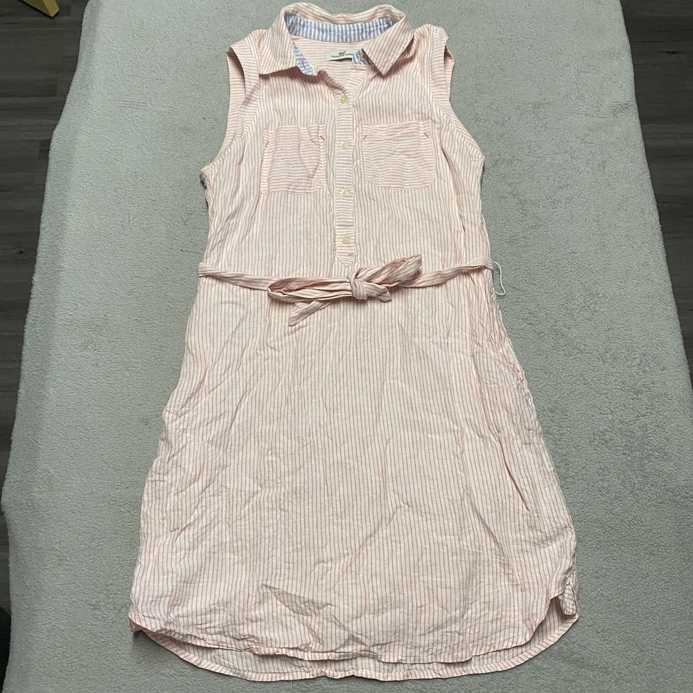 Vineyard‎ Vines Linen Margo Dress Size 8 Pink Stripe Waist Tie Preppy Beach